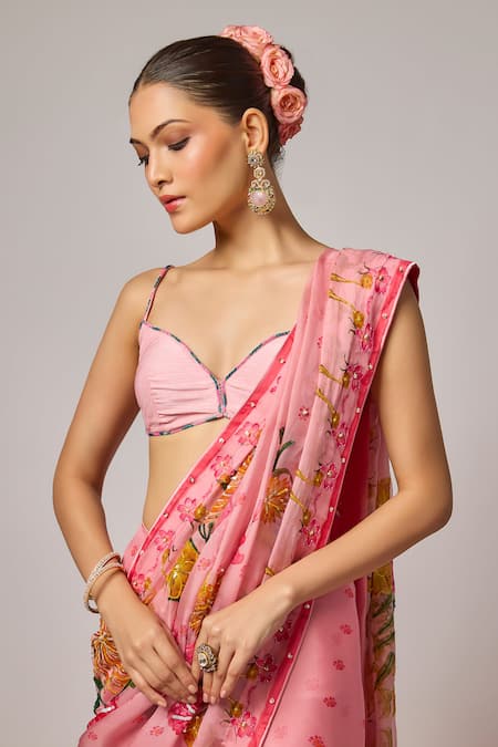 Buy_Krishna Padia_Pink Organza, Silk Embroidery, Sequins Floral Hand Pre-draped Saree With Blouse _Online_at_Aza_Fashions