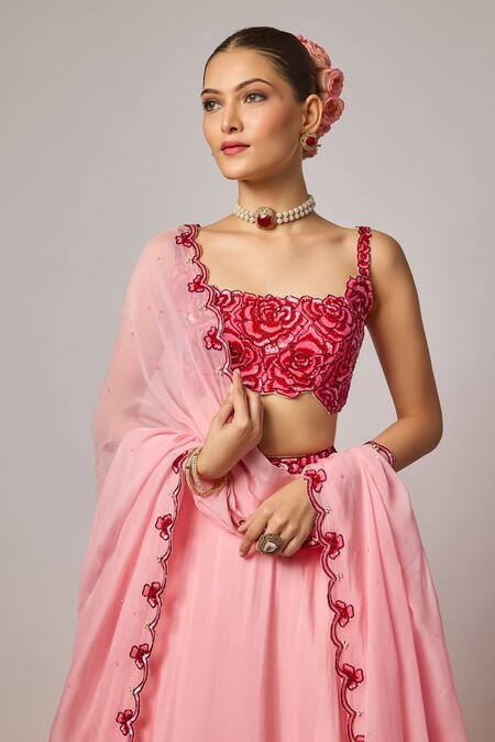 Krishna Padia Pink Silk, Organza Embroidery, Sequins Square Neck Floral Hand Lehenga Set Online at Aza Fashions Krishna Padia_Pink Silk, Organza Embroidery, Sequins Square Neck Floral Hand Lehenga Set _Online_at_Aza_Fashions