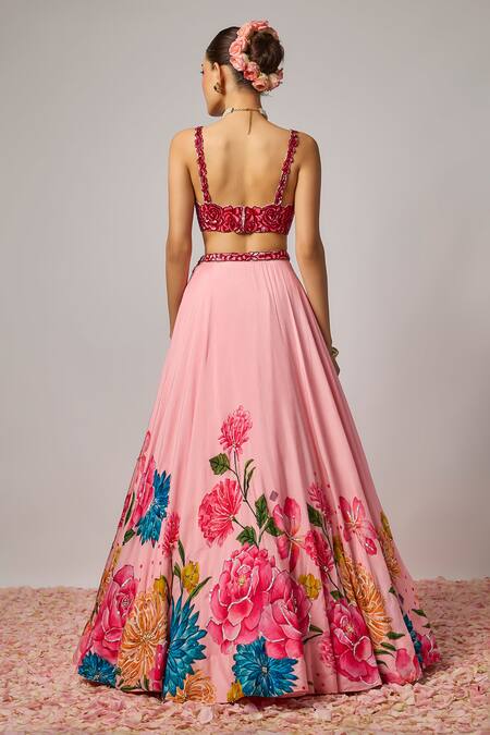 Shop Krishna Padia Pink Silk, Organza Embroidery, Sequins Square Neck Floral Hand Lehenga Set at Aza Fashions Shop_Krishna Padia_Pink Silk, Organza Embroidery, Sequins Square Neck Floral Hand Lehenga Set _at_Aza_Fashions