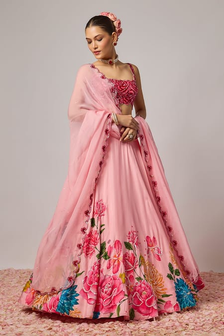 Buy Krishna Padia Pink Silk, Organza Embroidery, Sequins Square Neck Floral Hand Lehenga Set Online at Aza Fashions Buy_Krishna Padia_Pink Silk, Organza Embroidery, Sequins Square Neck Floral Hand Lehenga Set _Online_at_Aza_Fashions