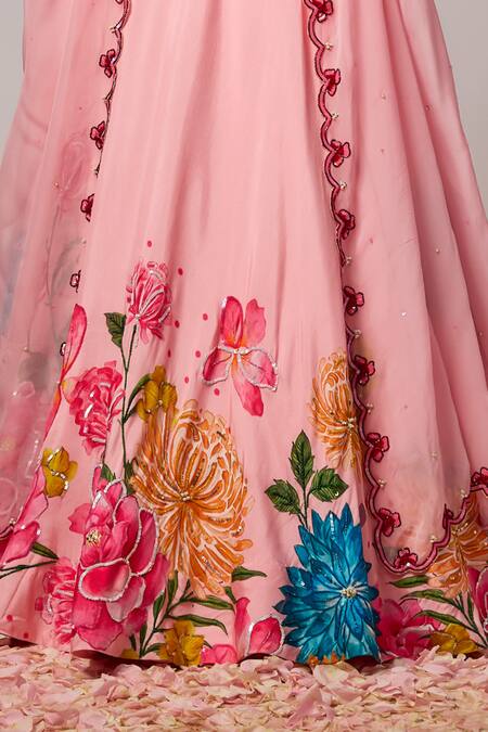 Shop Krishna Padia Pink Silk, Organza Embroidery, Sequins Square Neck Floral Hand Lehenga Set Online at Aza Fashions Shop_Krishna Padia_Pink Silk, Organza Embroidery, Sequins Square Neck Floral Hand Lehenga Set _Online_at_Aza_Fashions