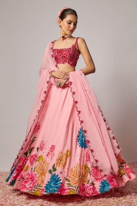 Krishna Padia Pink Silk, Organza Embroidery, Sequins Square Neck Floral Hand Lehenga Set at Aza Fashions Krishna Padia_Pink Silk, Organza Embroidery, Sequins Square Neck Floral Hand Lehenga Set _at_Aza_Fashions