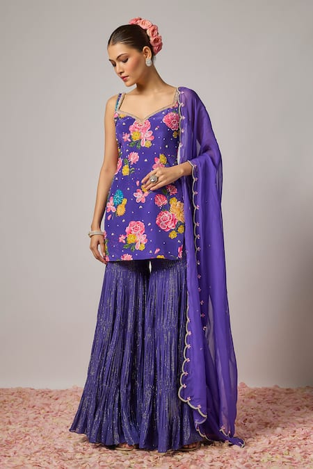 Krishna Padia Blue Crepe, Organza, Lurex, Georgette Embroidery, Floral Hand Kurta Sharara Set