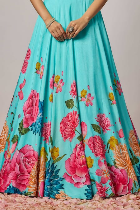 Krishna Padia_Blue Silk, Organza Sequins, Embroidery Square Neck Floral Hand Lehenga Set _Online_at_Aza_Fashions