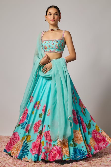 Shop_Krishna Padia_Blue Silk, Organza Sequins, Embroidery Square Neck Floral Hand Lehenga Set _Online_at_Aza_Fashions