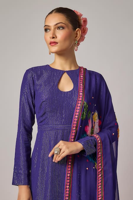 Krishna Padia_Blue Georgette, Lurex, Lycra, Organza Embroidery, Foil Floral Hand Kurta Set _Online_at_Aza_Fashions