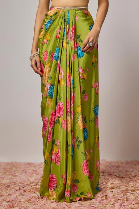 Krishna Padia_Green Crepe Sequins, Beads, Embroidery Floral Hand Cape Draped Skirt Set _Online_at_Aza_Fashions