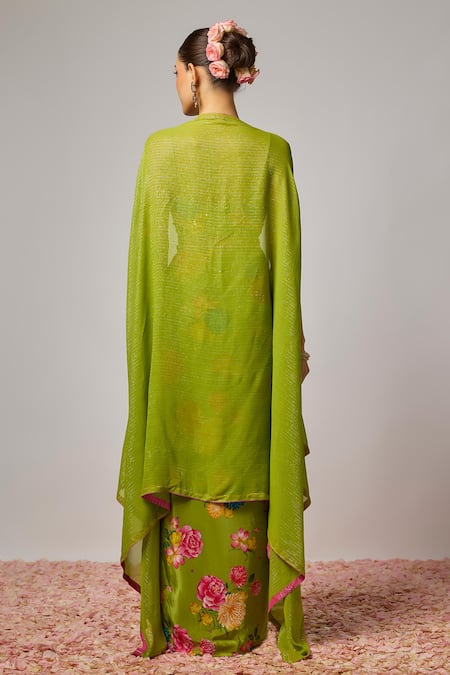 Krishna Padia Floral Hand Embroidered Cape Draped Skirt Set 