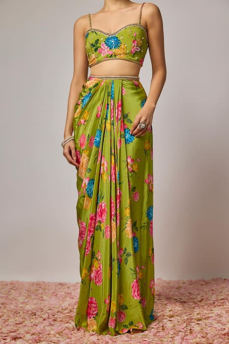 Buy_Krishna Padia_Green Crepe Sequins, Beads, Embroidery Floral Hand Cape Draped Skirt Set _Online_at_Aza_Fashions