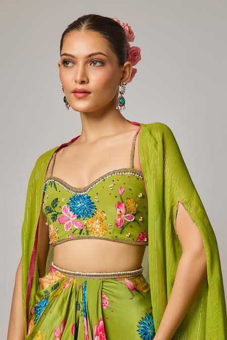Shop_Krishna Padia_Green Crepe Sequins, Beads, Embroidery Floral Hand Cape Draped Skirt Set _Online_at_Aza_Fashions