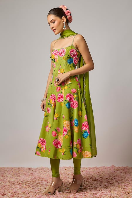 Krishna Padia_Green Crepe, Lycra, Organza Embroidery, Sequins, Floral Hand Anarkali Set _Online_at_Aza_Fashions