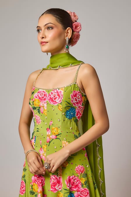 Buy_Krishna Padia_Green Crepe, Lycra, Organza Embroidery, Sequins, Floral Hand Anarkali Set _Online_at_Aza_Fashions