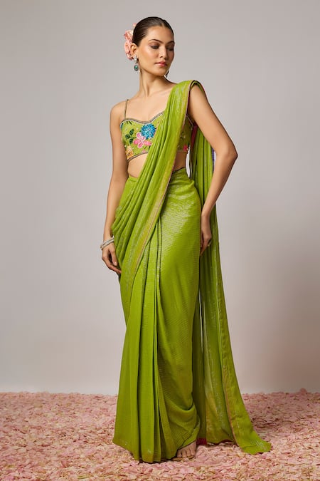 Krishna Padia Floral Hand Embroidered Pre-Draped Saree With Blouse 