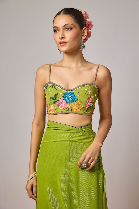 Krishna Padia_Green Lurex, Georgette, Organza Floral Hand Pre-draped Saree With Blouse _Online_at_Aza_Fashions