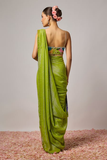 Krishna Padia Floral Hand Embroidered Pre-Draped Saree With Blouse 
