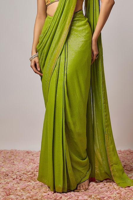 Buy_Krishna Padia_Green Lurex, Georgette, Organza Floral Hand Pre-draped Saree With Blouse _Online_at_Aza_Fashions