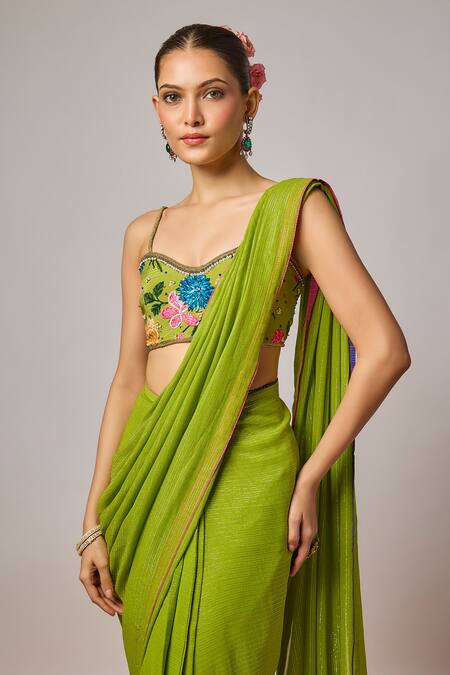 Shop_Krishna Padia_Green Lurex, Georgette, Organza Floral Hand Pre-draped Saree With Blouse _Online_at_Aza_Fashions