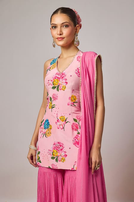Krishna Padia_Pink Crepe, Lurex, Georgette Embroidery, Beads Floral Print Kurta Sharara Set _Online_at_Aza_Fashions
