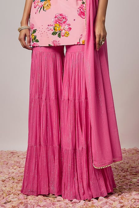 Buy_Krishna Padia_Pink Crepe, Lurex, Georgette Embroidery, Beads Floral Print Kurta Sharara Set _Online_at_Aza_Fashions
