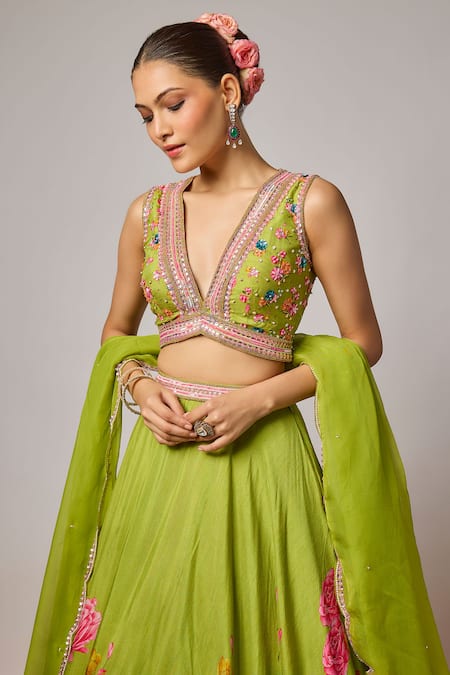 Krishna Padia Lime Doriya, Organza Sequins, Beads, Stones, Embroidery Floral Print Lehenga Set Online at Aza Fashions Krishna Padia_Lime Doriya, Organza Sequins, Beads, Stones, Embroidery Floral Print Lehenga Set _Online_at_Aza_Fashions