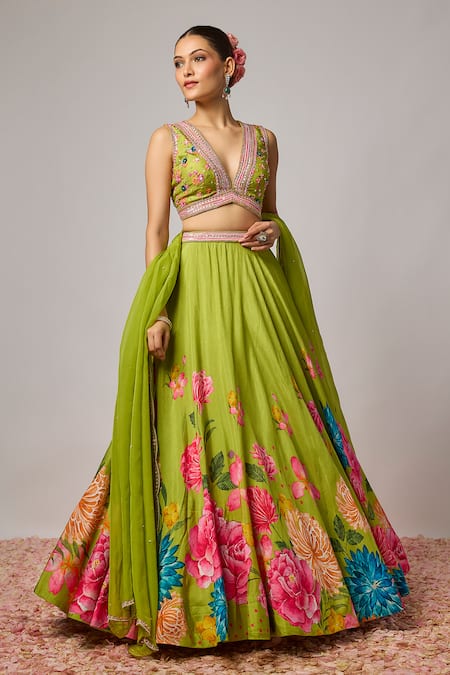 Buy Krishna Padia Lime Doriya, Organza Sequins, Beads, Stones, Embroidery Floral Print Lehenga Set Online at Aza Fashions Buy_Krishna Padia_Lime Doriya, Organza Sequins, Beads, Stones, Embroidery Floral Print Lehenga Set _Online_at_Aza_Fashions