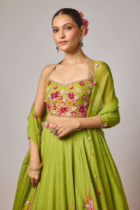 Buy_Krishna Padia_Lime Organza Sequins, Embroidery, Beads Sweetheart Floral Hand Lehenga Set _Online_at_Aza_Fashions