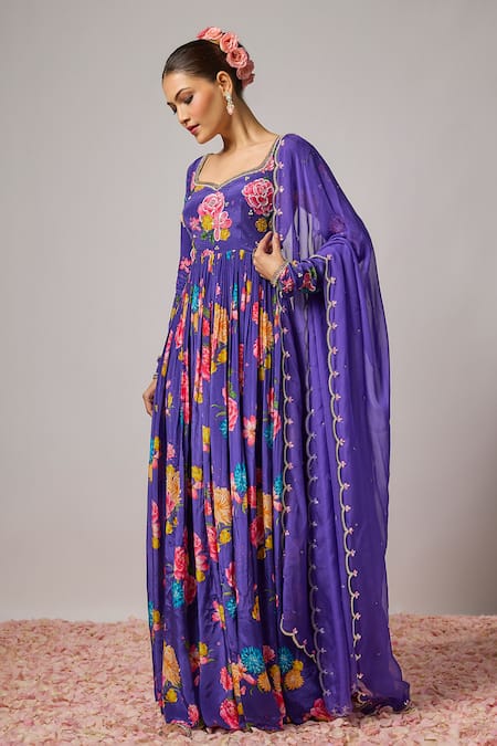 Krishna Padia_Blue Crepe, Organza, Lycra Embroidery, Floral Print Anarkali With Dupatta _Online_at_Aza_Fashions