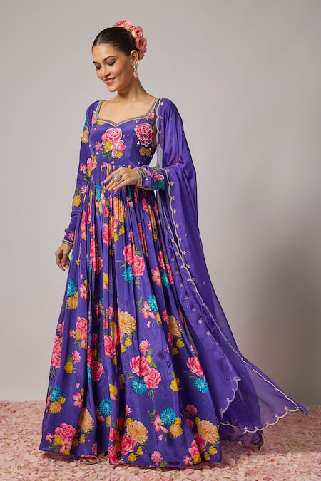 Krishna Padia Floral Print Anarkali With Dupatta 