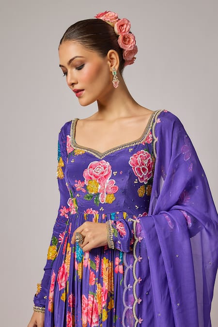 Buy_Krishna Padia_Blue Crepe, Organza, Lycra Embroidery, Floral Print Anarkali With Dupatta _Online_at_Aza_Fashions