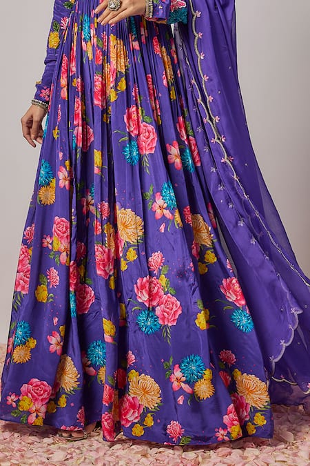 Shop_Krishna Padia_Blue Crepe, Organza, Lycra Embroidery, Floral Print Anarkali With Dupatta _Online_at_Aza_Fashions