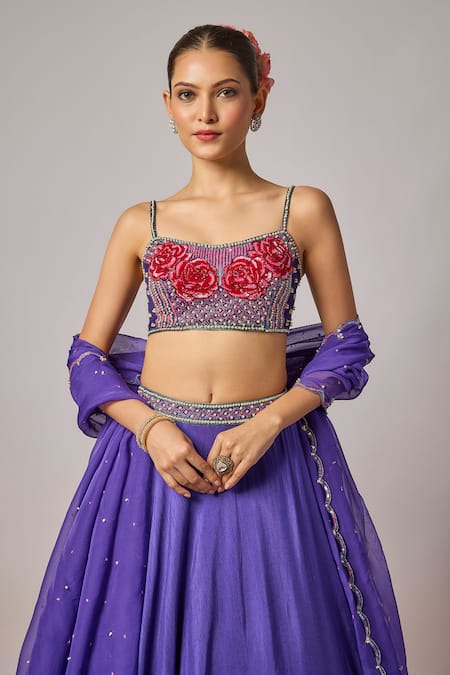 Krishna Padia_Blue Doriya, Organza Embroidery, Sequins, Beads, Fabric Floral Hand Lehenga Set _Online_at_Aza_Fashions