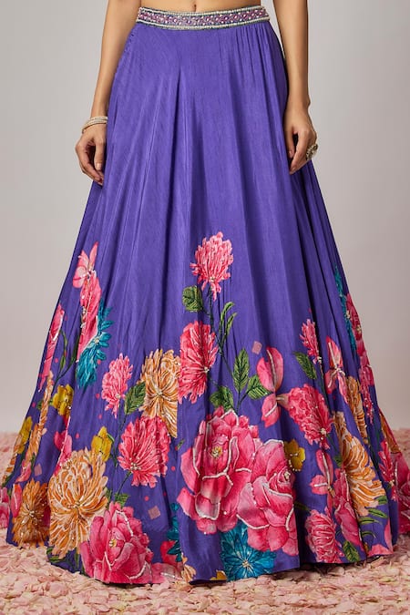 Buy_Krishna Padia_Blue Doriya, Organza Embroidery, Sequins, Beads, Fabric Floral Hand Lehenga Set _Online_at_Aza_Fashions