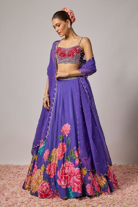 Shop_Krishna Padia_Blue Doriya, Organza Embroidery, Sequins, Beads, Fabric Floral Hand Lehenga Set _Online_at_Aza_Fashions