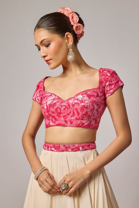 Buy_Krishna Padia_Pink Silk Sequins, Embroidery Sweetheart Neck Floral Hand Blouse _Online_at_Aza_Fashions