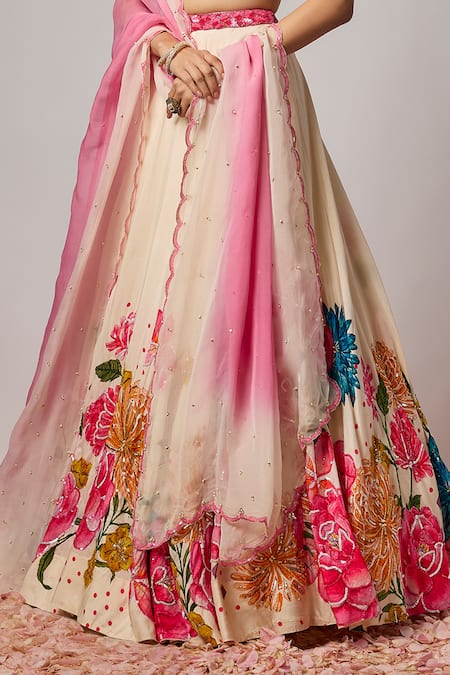 Shop_Krishna Padia_Pink Silk Sequins, Embroidery Sweetheart Neck Floral Hand Blouse _Online_at_Aza_Fashions
