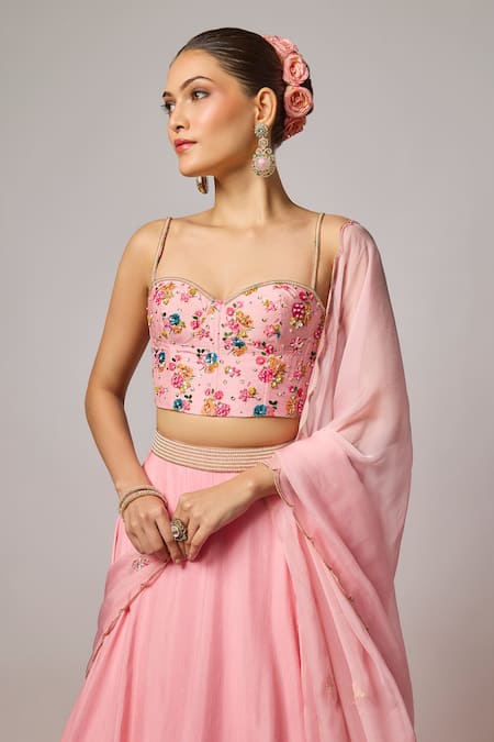 Krishna Padia_Pink Organza Embroidery, Beads, Sequins Sweetheart Neck Floral Hand Lehenga Set _Online_at_Aza_Fashions