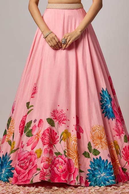 Shop_Krishna Padia_Pink Organza Embroidery, Beads, Sequins Sweetheart Neck Floral Hand Lehenga Set _Online_at_Aza_Fashions