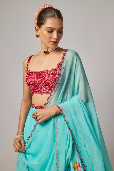Krishna Padia_Sky Blue Doriya, Organza Embroidery, Sequins, Pearls Floral Hand Lehenga Set _Online_at_Aza_Fashions