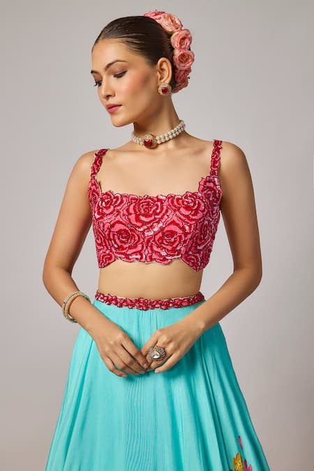 Buy_Krishna Padia_Sky Blue Doriya, Organza Embroidery, Sequins, Pearls Floral Hand Lehenga Set _Online_at_Aza_Fashions