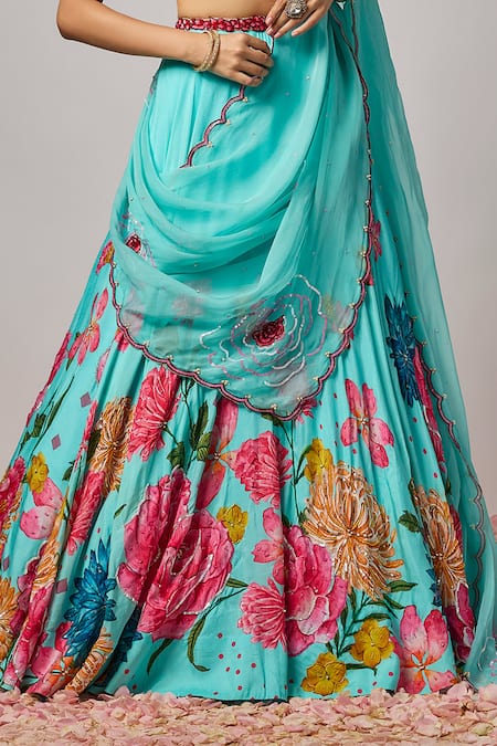 Shop_Krishna Padia_Sky Blue Doriya, Organza Embroidery, Sequins, Pearls Floral Hand Lehenga Set _Online_at_Aza_Fashions