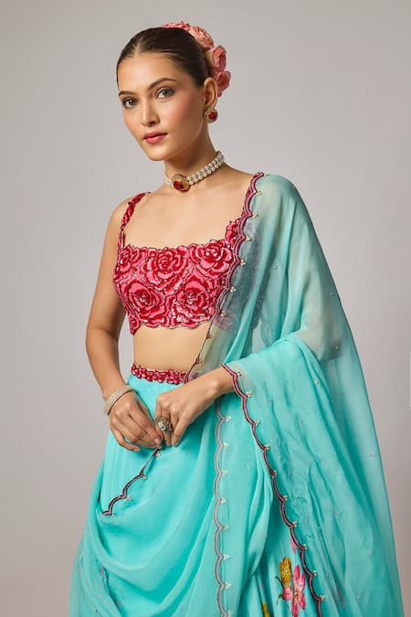 Krishna Padia_Red Embroidery Square Neck Floral Hand Blouse _Online_at_Aza_Fashions