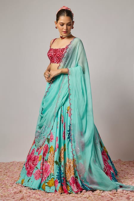 Buy_Krishna Padia_Red Embroidery Square Neck Floral Hand Blouse _Online_at_Aza_Fashions