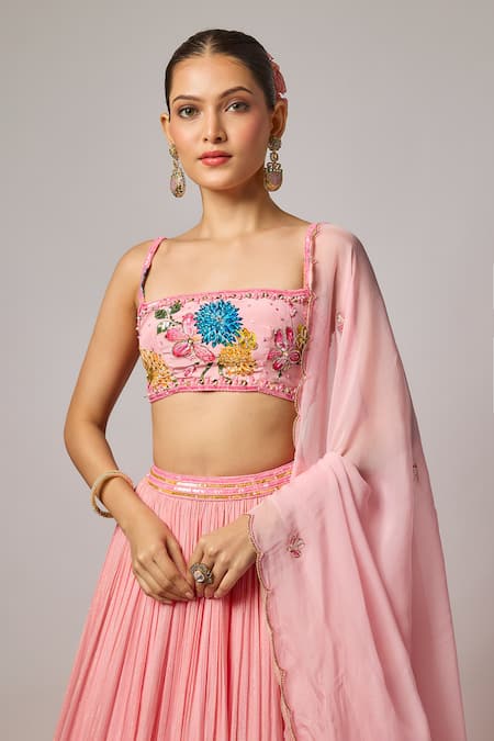 Krishna Padia_Pink Lurex, Georgette, Crepe, Organza Embroidery, Floral Hand Lehenga Set _Online_at_Aza_Fashions