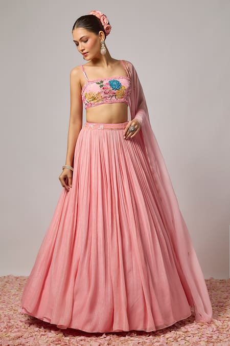 Buy_Krishna Padia_Pink Lurex, Georgette, Crepe, Organza Embroidery, Floral Hand Lehenga Set _Online_at_Aza_Fashions