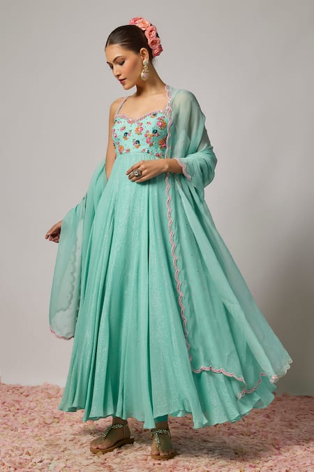 Krishna Padia_Mint Georgette, Lurex, Lycra, Organza Embroidery, Floral Hand Anarkali Set _Online_at_Aza_Fashions