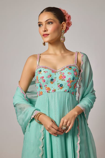 Buy_Krishna Padia_Mint Georgette, Lurex, Lycra, Organza Embroidery, Floral Hand Anarkali Set _Online_at_Aza_Fashions