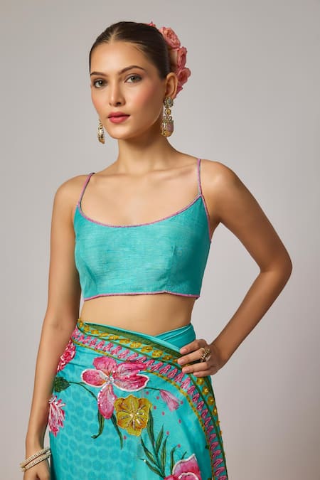 Krishna Padia_Blue Organza, Silk Embroidery, Floral Hand Pre-draped Saree With Blouse _Online_at_Aza_Fashions