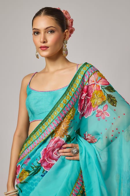 Buy_Krishna Padia_Blue Organza, Silk Embroidery, Floral Hand Pre-draped Saree With Blouse _Online_at_Aza_Fashions