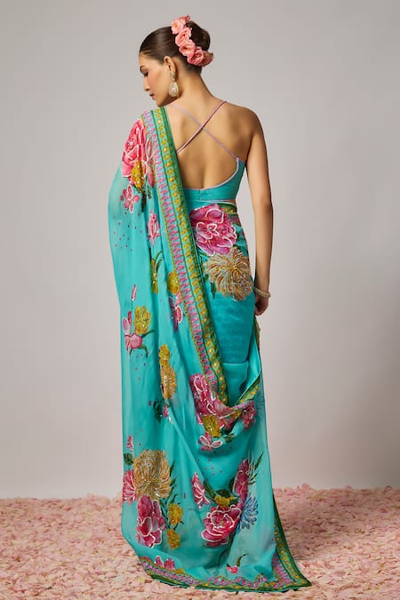 Krishna Padia Floral Hand Embroidered Pre-Draped Saree With Blouse 
