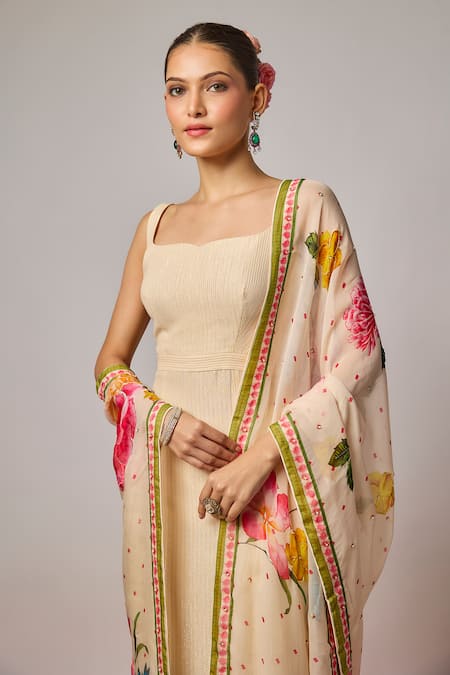 Buy_Krishna Padia_Ivory Lurex, Georgette, Lycra, Organza Embroidery Square Neck Hand Kurta Set _Online_at_Aza_Fashions